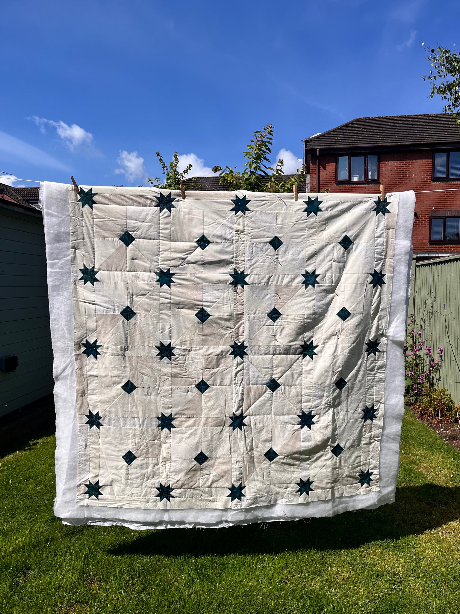 Teal Stars Sandwiched Quilt - 62" x 62" - Just needs completing