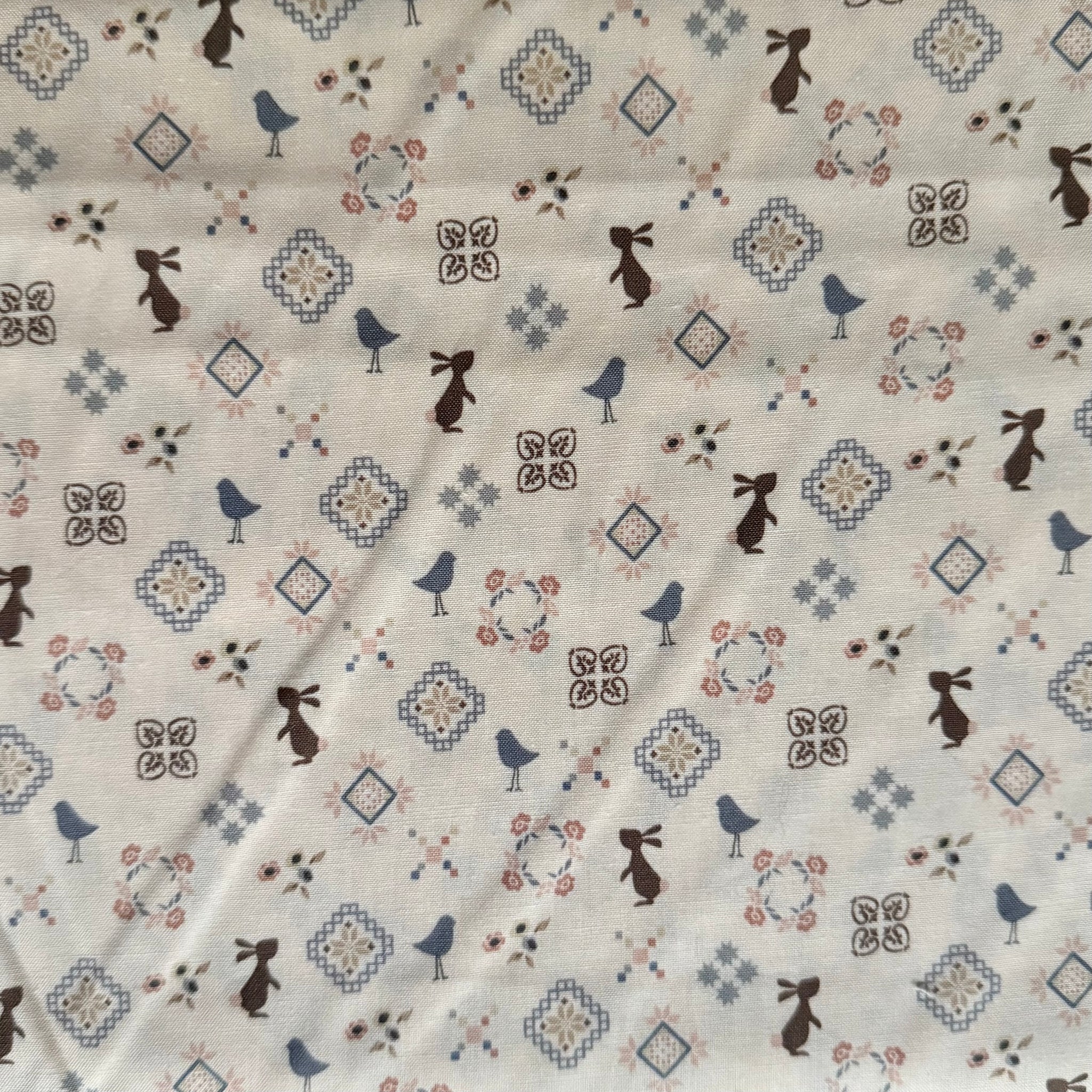 Sale Metres 10: Cream Rabbit Flower Cotton Fabric 38" x 45"