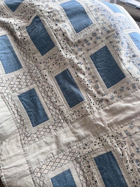 Linen Natural & Blue Quilt 66" x 72" - Ready Made Item